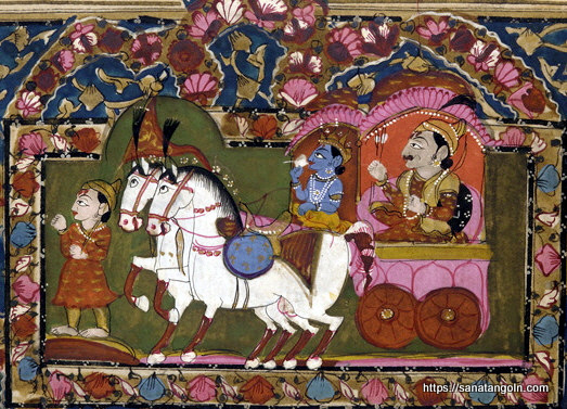 গীতার ধর্মে মানুষই স্রষ্টা - ড: আর এম দেবনাথ, Lord Krishna and Arjun on the chariot, Mahabharata, 18th-19th Century Art, India, কুরুক্ষেত্রে কৃষ্ণ ও অর্জুন, অষ্টাদশ-ঊনবিংশ শতাব্দীর চিত্রকলা