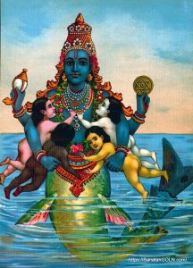 Matsya with four infants symbolizing the Vedas Raja Ravi Varma Press মৎস্য অবতারের কাহিনী | অগ্নিপুরাণ | পৃথ্বীরাজ সেন | পুরাণ সমগ্র