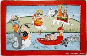 Manu with the seven sages in a boat tied by a serpent to Matsya left bottom Indra and Brahma pay their respects to Vishnu as Matsya মৎস্য অবতারের কাহিনী | অগ্নিপুরাণ | পৃথ্বীরাজ সেন | পুরাণ সমগ্র