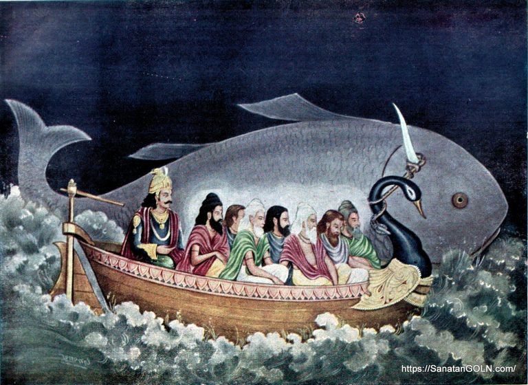 Matsya as a horned fish pulling the boat with Manu and the seven sages scene from the Mahabharata মৎস্য অবতারের কাহিনী | অগ্নিপুরাণ | পৃথ্বীরাজ সেন | পুরাণ সমগ্র