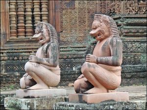 Narasimha sculptures guard an entrance, Banteay Srei temple, Cambodia