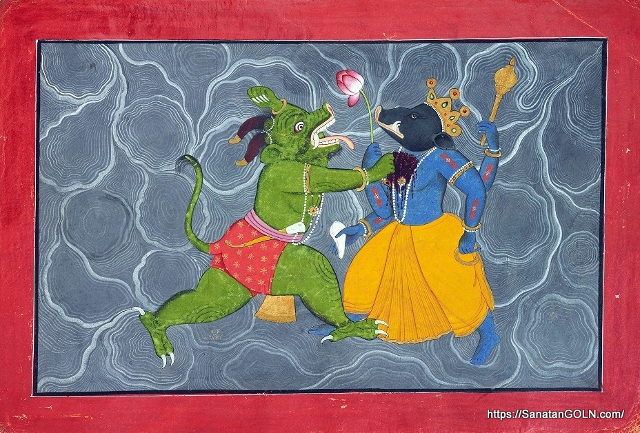 Varaha battles the demon Hiranyaksha, Scene from the ''Bhagavata Purana'' by Manaku of Guler (c. 1740)