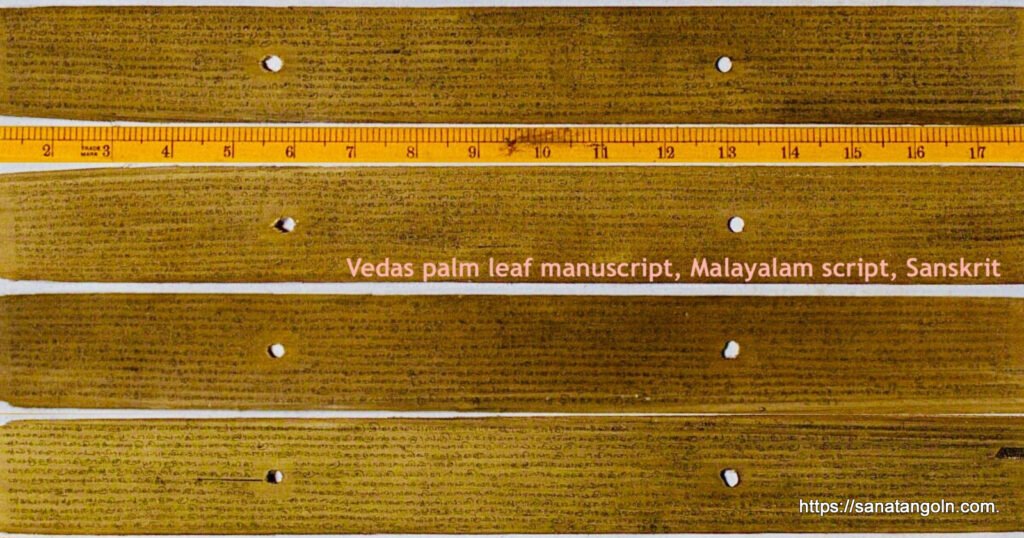 Manuscripts of the Vedas are in the Sanskrit language but in many regional scripts in addition to the Devanagari Top Grantha script Tamil Nadu Below Malayalam script Kerala 2 বেদ